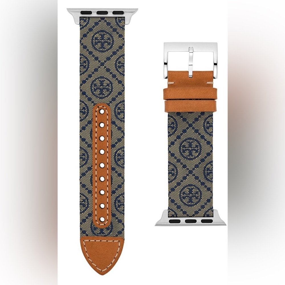 TORY BURCH FABRIC AND BROWN LEATHER BAND FOR APPLE WATCH 38-40MM TBS0065